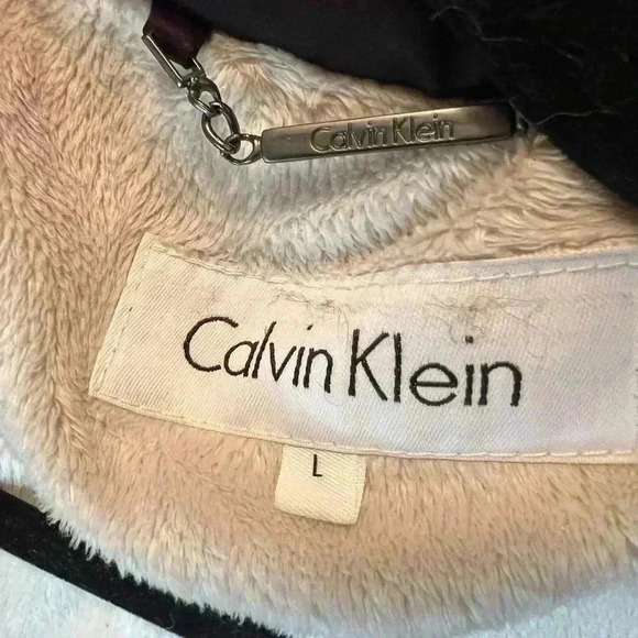 Calvin Klein Womens Down Coat Large Brown Fur Trim Hood Zip Pockets Full Zip - Picture 8 of 9